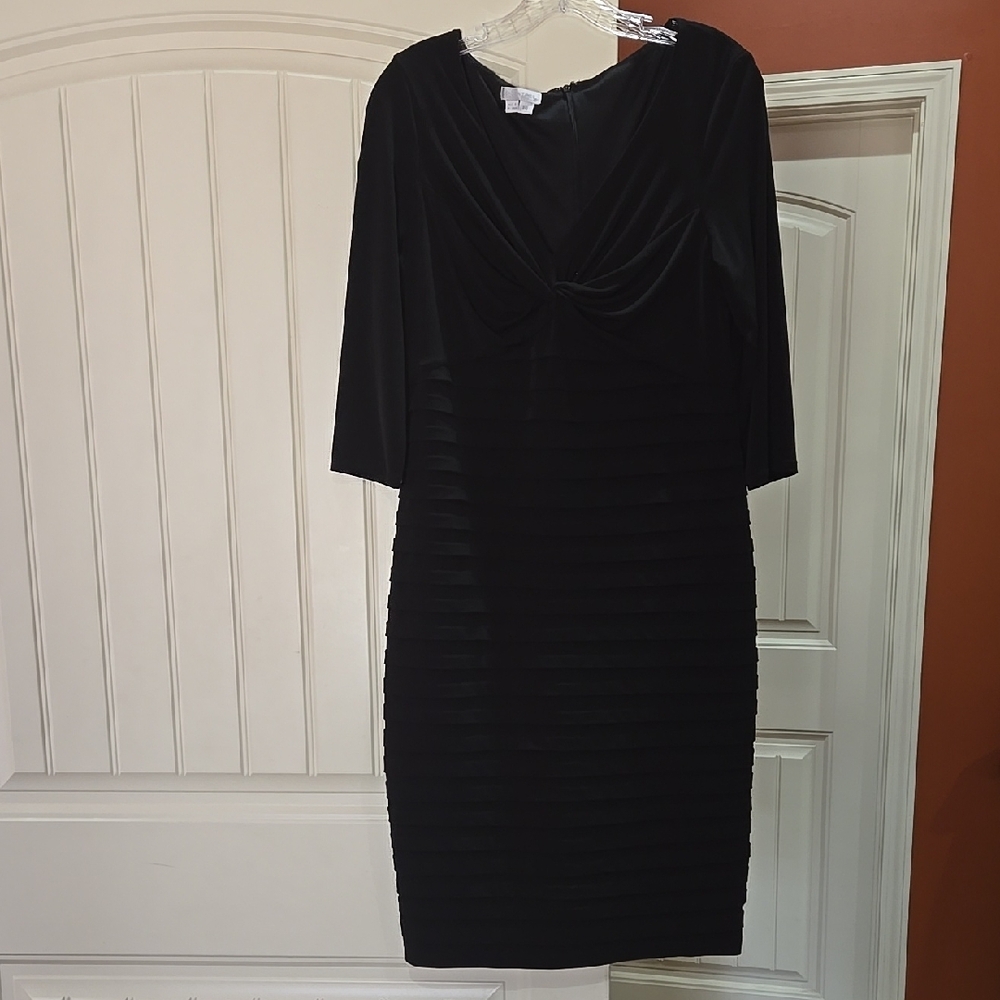 London Times Black Sheath Midi Dress with Cowl Neck